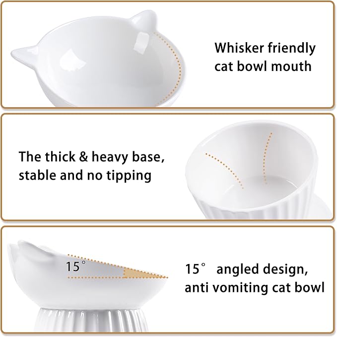 Wellbro Ceramic Raised Cat Bowl，Tilted Raised Bowl Anti Vomit Bowls for Indoor Cats Whisker Friendly Pet Feeder for Cats Puppies, Microwave and Dishwasher Safe