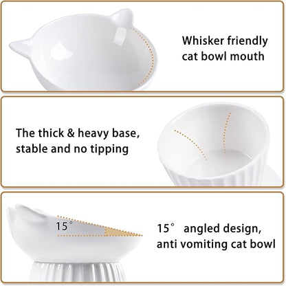 Wellbro Ceramic Raised Cat Bowl，Tilted Raised Bowl Anti Vomit Bowls for Indoor Cats Whisker Friendly Pet Feeder for Cats Puppies, Microwave and Dishwasher Safe