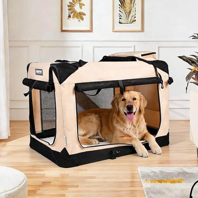 JESPET Soft Dog Crates Kennel for Pets, 3 Door Soft Sided Folding Travel Pet Carrier with Straps and Fleece Mat for Dogs, Cats (Camel, X-Large(36" L x 24" W x 27" H))