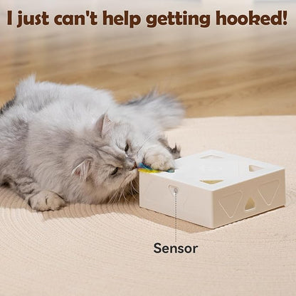 Migipaws Interactive Cat Toy -Migibox Without Popskin, Puzzle Toy for Indoor Bored Cats, Automatic Pop Out Feathers from 7 Holes Randomly, Motion Activated, USB Rechargeable