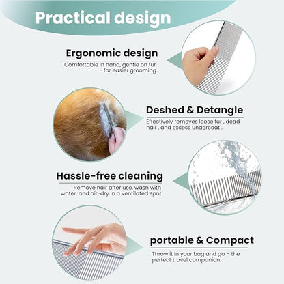 MEDUWEDU [3 Pack] Stainless Steel Pet Comb Set – Grooming Combs for Dogs & Cats, Large Medium Small Sizes – for Long, Short, Curly Hair, Detangling Matted or Knotted Undercoat Hair