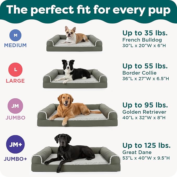 Furhaven Orthopedic Dog Bed for Large Dogs w/ Removable Bolsters & Washable Cover, For Dogs Up to 95 lbs - Luxe Faux Fur & Performance Linen Sofa - Charcoal, Jumbo/XL