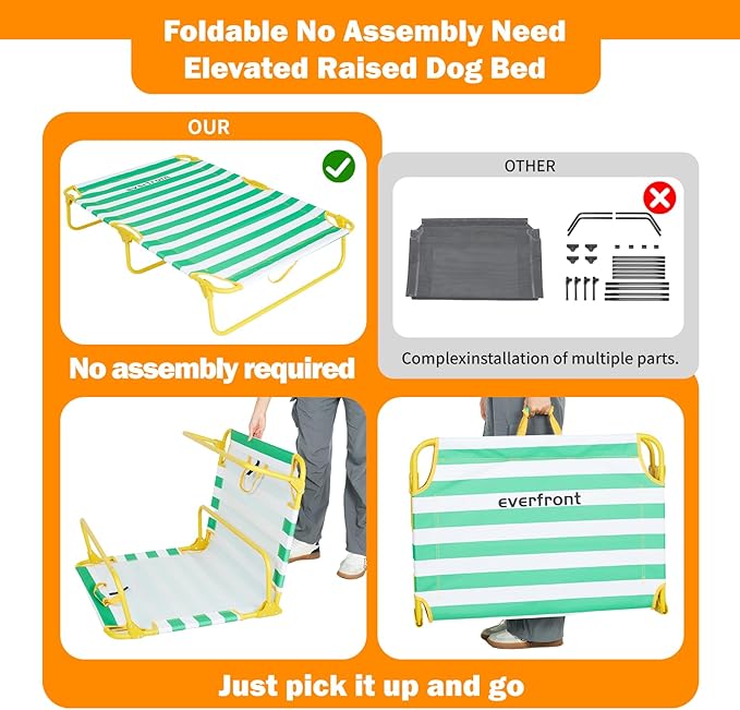 everfront Dog Elevated Bed Foldable Portable Raised Bed Camping cot Outdoor Summer Dog Bed (Large, GreenStripes-Oxford Fabric)