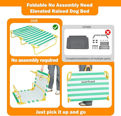 everfront Dog Elevated Bed Foldable Portable Raised Bed Camping cot Outdoor Summer Dog Bed (Medium, GreenStripes-Oxford Fabric)
