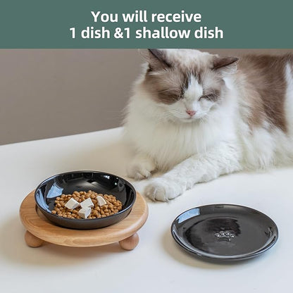 Havniva Raised Ceramic Wide Whisker Friendly Cat Dishes, Food&Water Bowl with 2 Style Stand Adjustable Pet Bowl Set(1Dish+1Shallow Dish+Stand, Black