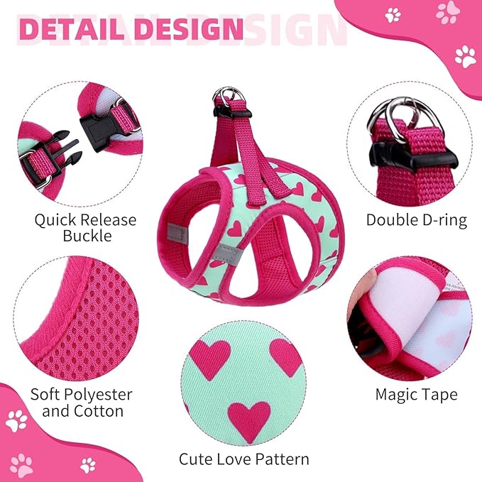 KOOLTAIL Dog Harness and Leash Set for Small Medium Dogs, Step in No Pull Soft Mesh Dog Harness Comfort Padded Pet Vest, Adjustable Reflective Easy Walking Puppy Cats Harnesses Training, Pink Heart XS