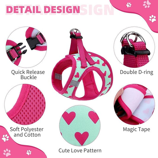 KOOLTAIL Valentines Dog Harness and Leash Set for Small Medium Dogs, Step in No Pull Soft Mesh Dog Harness Padded Pet Vest, Adjustable Reflective Easy Walking Puppy Harnesses Training, Pink Heart S