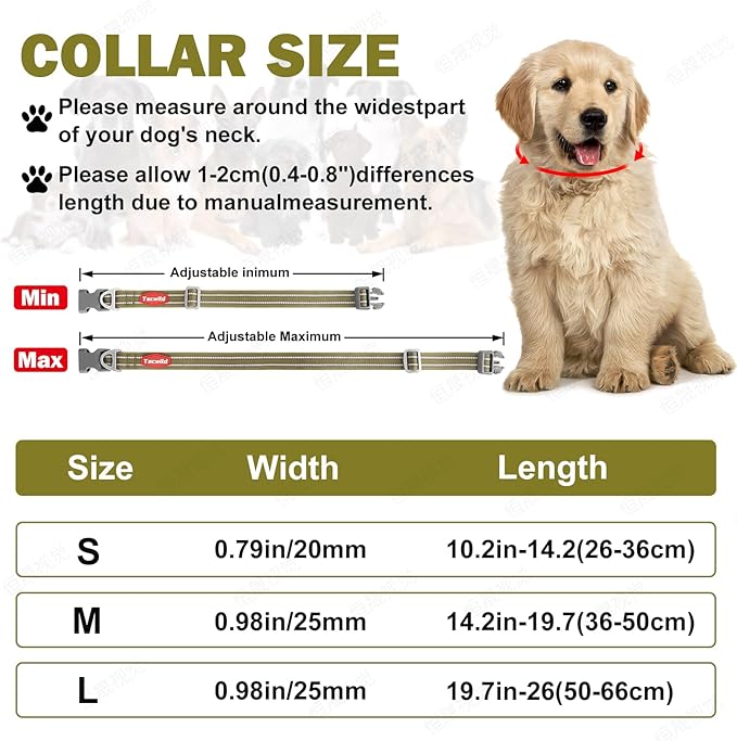 Tacwild Adjustable Reflective Dog Collar, Puppy Collar with D-Ring Buckle - Durable Safety Nylon Dog Collars for Large Dogs (Green-L)