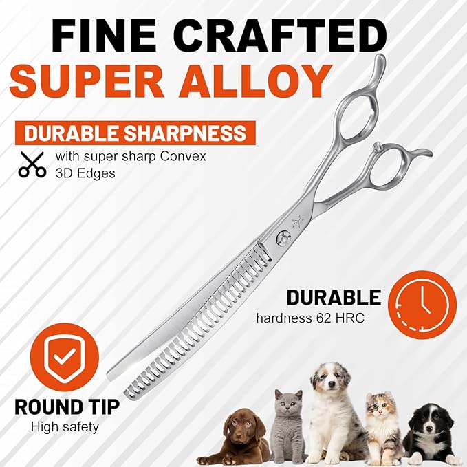 High-end Professional Dog Grooming Curved Thinning Scissors Teeth Blending Shears Pet Texturizing Thinner Blender Shears 7.5 Inch Extremely Very Sharp Made Of Stainless Steel Alloy For Dog Cat Groomer