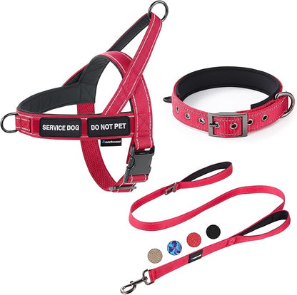 Annchwool No Pull Dog Harness,Heavy Duty Reflective Collar & Leash Set-Leash with Double Handle & Car Seatbelt Clip-Easy Control for Walking Training Medium Large Size Dogs(Red,L)