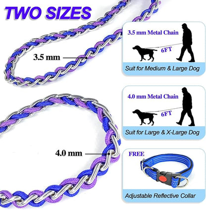 Dog Leash Rope Chain, Nylon Rope Metal Chain for Pet Leads. 6ft Heavy Duty Chew Proof Training Walking for Medium Large Dogs. (Large, Blue&Purple)