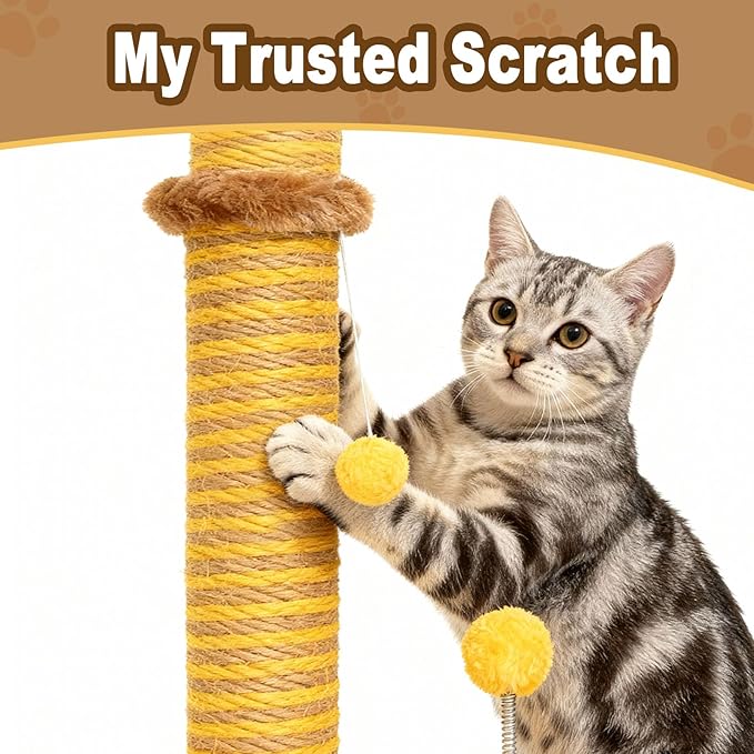 VIEFIN Bee Cat Scratching Post, 36" Tall Cat Scratcher for Indoor Cats - Modern Sisal Scratch Post with Dangling Ball & Plush Toys for Kittens and Adult Cats