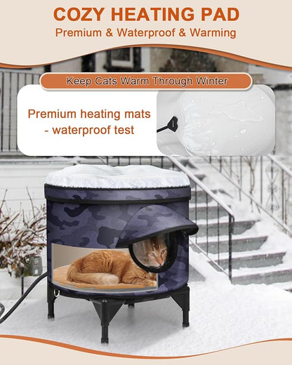 Heated Cat House for Outdoor in Winter, Metal Frame Cat Bed Kitty Shelter with Heating Pad, Insulated & Safe Escape Door & Weatherproof, Warm Home for Outside Stray Cat (Black camo, 16.9"x16.9")