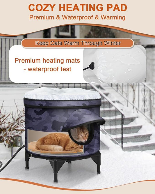 Heated Cat House for Outdoor in Winter, Metal Frame Cat Bed Kitty Shelter with Heating Pad, Insulated & Safe Escape Door & Weatherproof, Warm Home for Outside Stray Cat (Black camo, 16.9"x16.9")