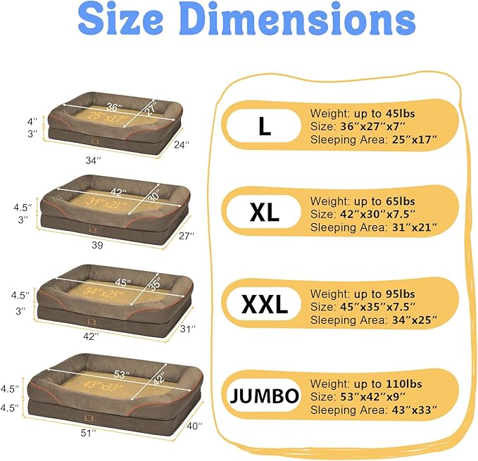 Orthopedic XL Large Dog Bed - Removable Bolster & Waterproof Washable Cover for Pet Big Dogs Bed Extra Large Dog Beds with Foam Support Non-Slip Bottom