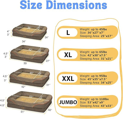 Orthopedic XL Large Dog Bed - Removable Bolster & Waterproof Washable Cover for Pet Big Dogs Bed Extra Large Dog Beds with Foam Support Non-Slip Bottom