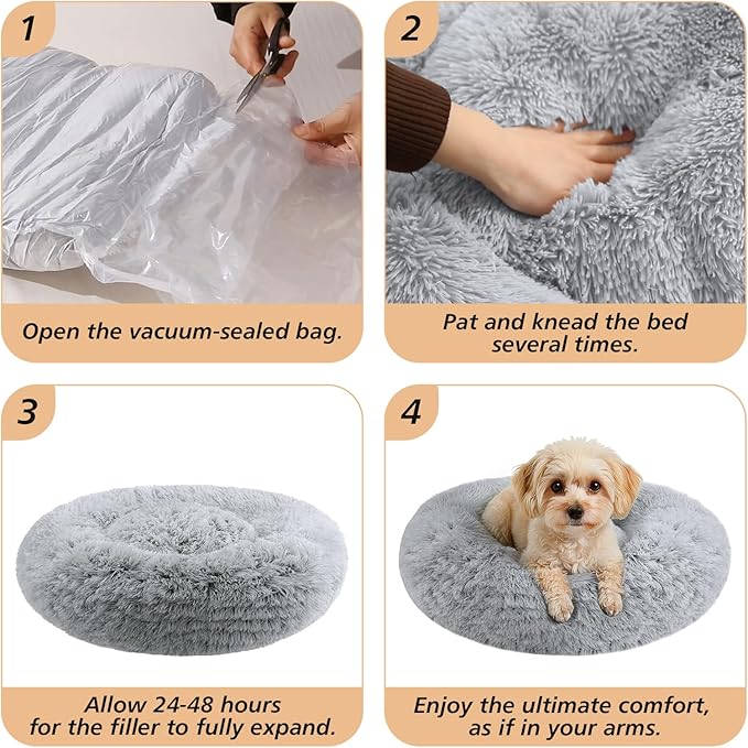 JOLLYVOGUE Calming Dog Bed for Small Dogs - 23 inches Donut Washable Small Dog Bed for Kittens & Puppies, Anti-Slip Round Fluffy Plush Faux Fur Cat Beds (Fits up to 25 lbs Pets, Grey)