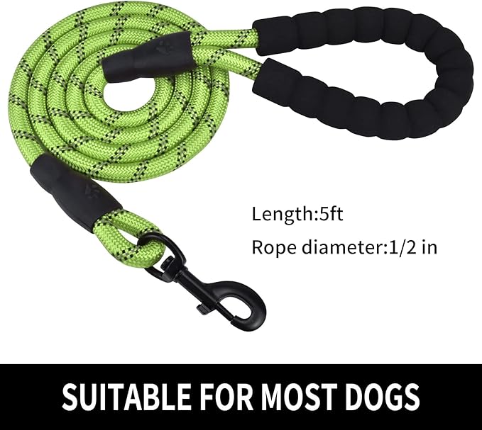 Panykoo 5/6 FT Strong Pet Dog Leash with Soft Padded Handle,Highly Reflective Rope for Night Walking,360-Degree Rotating Metal Buckle Without Tangles,Suitable for Small,Medium and Large Dogs.(5ft)