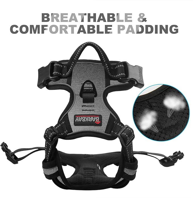 BARKBAY No Pull Dog Harness Front Clip Heavy Duty Reflective Easy Control Handle for Large Dog Walking(Dark Grey,L)