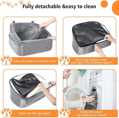 NEEZUKAR Dog Car Seat for Small Dogs,Detachable Washable Dog Booster Seat for Medium Dogs Under 30lbs, Pet Car Seat Travel Bed with Storage Pockets and Dog Safety Belt (Grey)