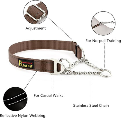 Plutus Pet Martingale Dog Collar with Stainless Steel Chain and Reflective Nylon, Adjustable No Pull Training Collar, for Small Medium, and Large Dogs, Chocolate, L