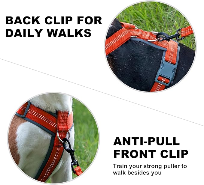 PLUTUS PET No Pull Dog Harness, Adjustable Nylon Harness with Soft Padding, Reflective, Heavy Duty for Large Dogs (Orange, L)