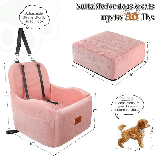 Lealchum Dog Booster Car Seat for Small/Medium Dogs,Soft Puppy Portable Car Seat with Elevated Cushion,Fits in Front/Back Seat,Fully Detachable and Washable,Easy to Install (Pink, Medium)
