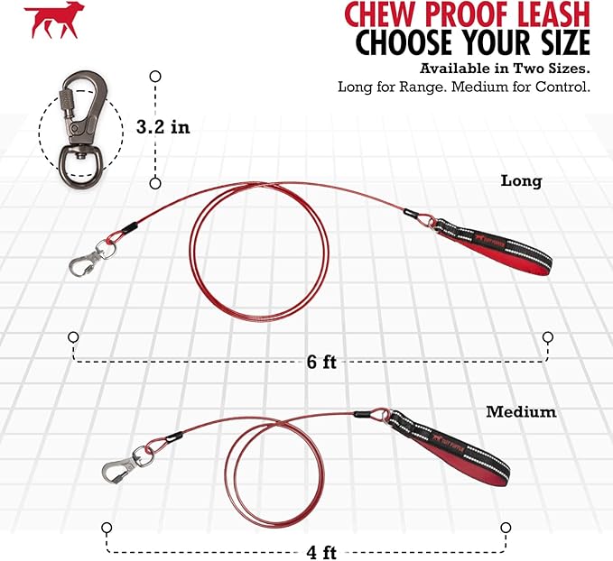 Tuff Pupper Chew Proof Dog Leash | Steel Cable Bite Resistant Lead | Twist Lock Carabiner | Heavy Duty for Large Dogs & Teething Puppies | Comfortable Padded Handle | 4FT & 6FT Lengths (Red, 4 Feet)