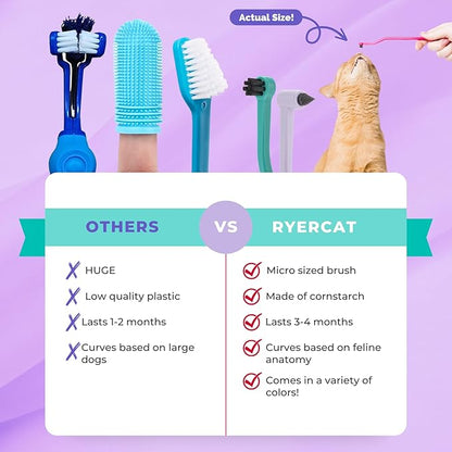 RYERCAT Set of 2 Dual Sided Cat Toothbrush - Kitten Toothbrush with Micro Head to fit into Cat/Kittens Mouth - Cat Dental Care Supplies - Pet Toothbrush for Cats(Lavender Purple & Ocean Blue)