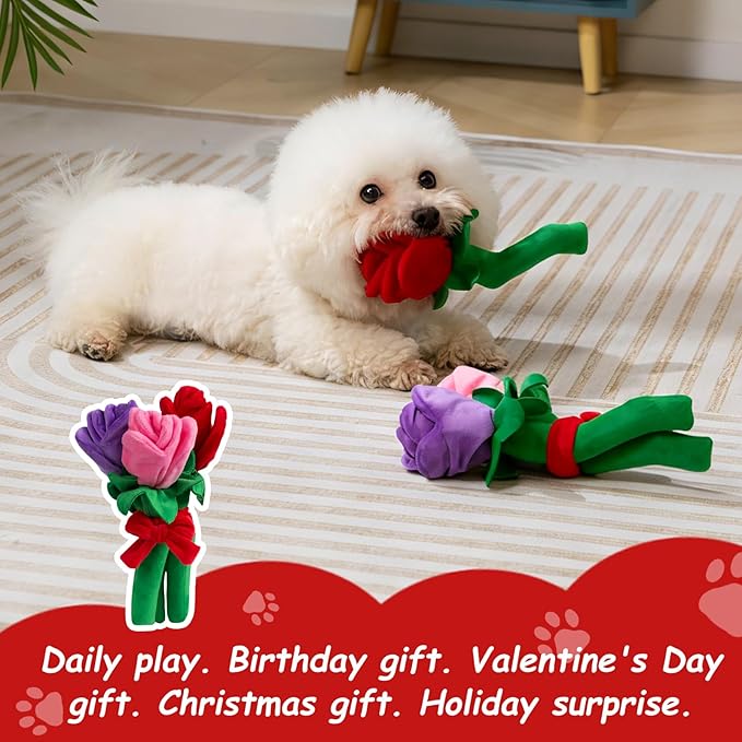 Hollypet Soft Squeaky Dog Toys, Plush No - Mess Chew Toys for Small and Medium Dogs and Non-Aggressive Chews, Puppy Teeth Cleaning Chew Toys, Roses