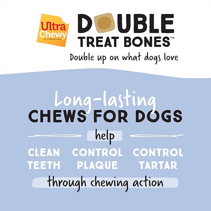 Ultra Chewy Yogurt with Blueberry Double Treat Bones: Long-Lasting Dog Treats Made in USA for Large and Small Breeds, Highly Digestible (12 Count)