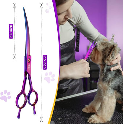 JASON 7.5" Dog Grooming Scissor - Professional Down-curved Shear with Ergonomic Handle Japanese Stainless Steel Trimming Scissor for Dogs, Cats and Other Pets, Sharp (Curved, Purple) Christmas Gift
