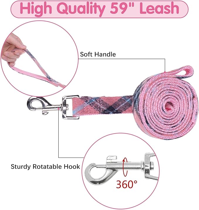 BINGPET Dog Harness Collar Leash Set,Adjustable No Pull Escape Proof Small Dog Harness,Classic Plaid Puppy Harness and Leash Set for Small Medium Large Dogs Training Easy Walk Running(Pink,M)