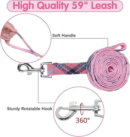 BINGPET Dog Harness Collar Leash Set,Adjustable No Pull Escape Proof Small Dog Harness,Classic Plaid Puppy Harness and Leash Set for Small Medium Large Dogs Training Easy Walk Running(Pink,S)