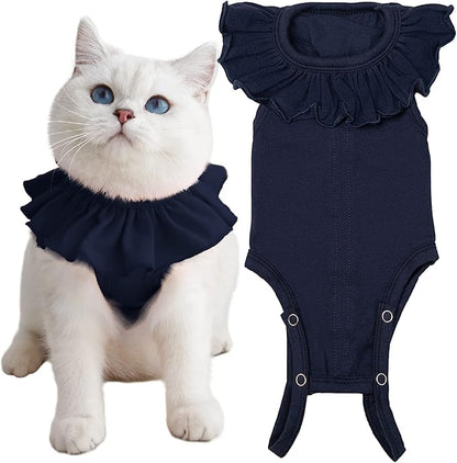 Cat Recovery Suit for Abdominal Wounds and Skin Diseases, Breathable Surgical Recovery Shirt After Surgery Wear Anti Licking Wounds,E-Collar Alternative for Cats Pet Kitten(RSC01-Navy-s)