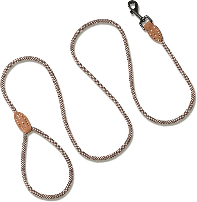 Mile High Life Small Dog Leash, Thin Rope Leash with Genuine Leather Connection and Heavy Duty Metal Clasp, Great for Small Medium Dogs(Brown,48 Inch-1/3)