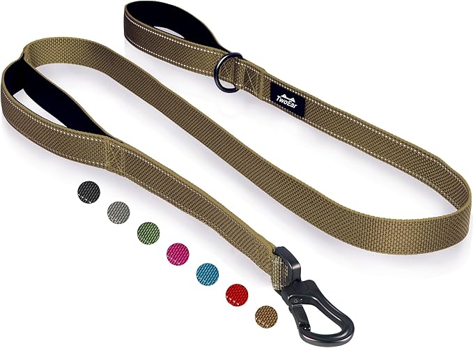 TwoEar 5FT 1IN Strong Brown Dog Leash with 2 Padded Handles, Traffic Handle Extra Control, Comfortable Soft Dual Handle, Auto Lock Hook, Reflective Walking Lead for Small Medium and Large Dogs