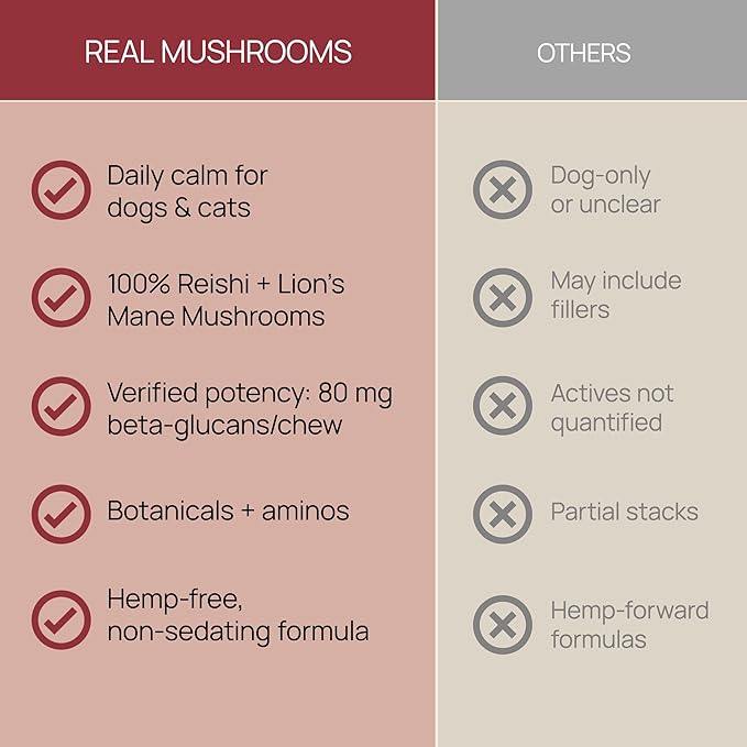 Calming Chews for Dogs & Cats – Soft Chews with Reishi & Lion’s Mane for Daily Composure – for All Breeds & Sizes – Calming Treats for Dogs: 1 Chew/20 lb Daily; Cats: ¼ Chew Twice Daily – 60 Count