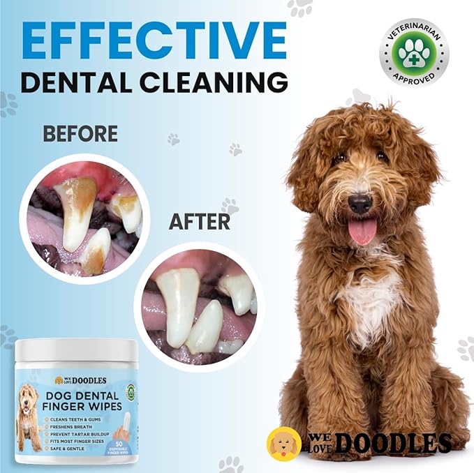 We Love Doodles Dog Teeth Cleaning Wipes - Pet Dental Finger Wipes for Dogs - Cleans Teeth and Gums, Freshens Breath Dog Dental Wipes, Prevents Tartar Buildup, Fits Most Finger Sizes (50 Pieces)