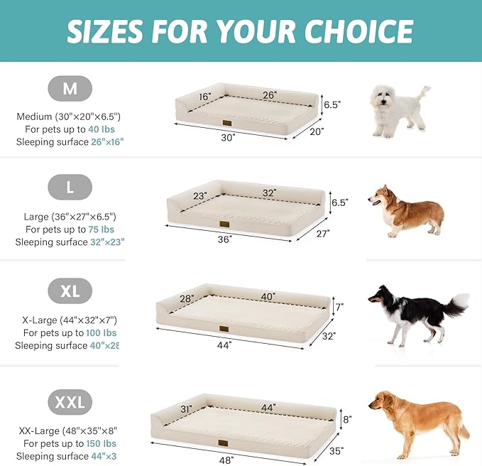 COZY KISS Orthopedic Dog Bed for Large Size Dog, XL Dogs Crate Bed, L Shaped Foam Anti-Slip Bottom Pet Cat Sofa with Washable Removable Cover, Suitable for Pet Up to 100 lbs, 44x32x7 inch, Beige