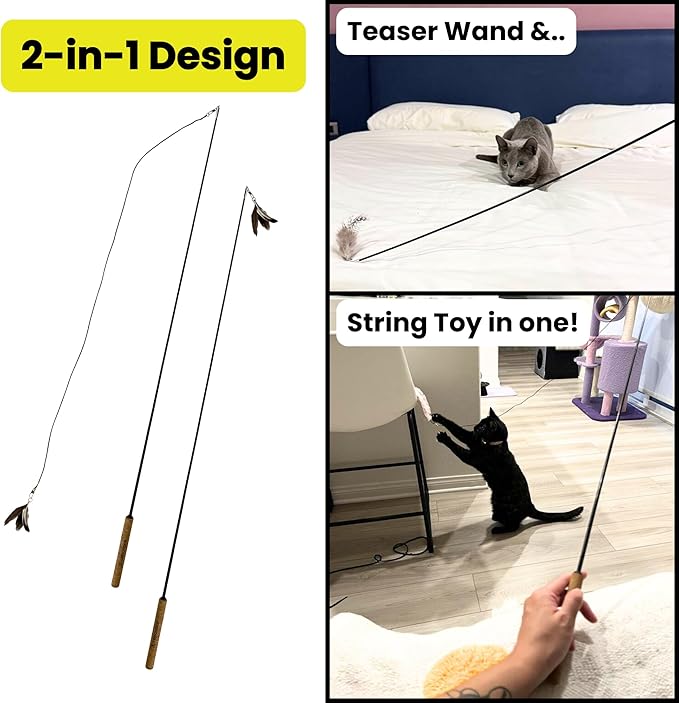 repounce Forever Stick - The Unbreakable Cat Wand Toy, Extra Long Durable Cat String Toy for Indoor Cats, Cat Fishing Pole Toy for Bored Indoor Adult Cats, Feather String Toy On Stick Enrichment