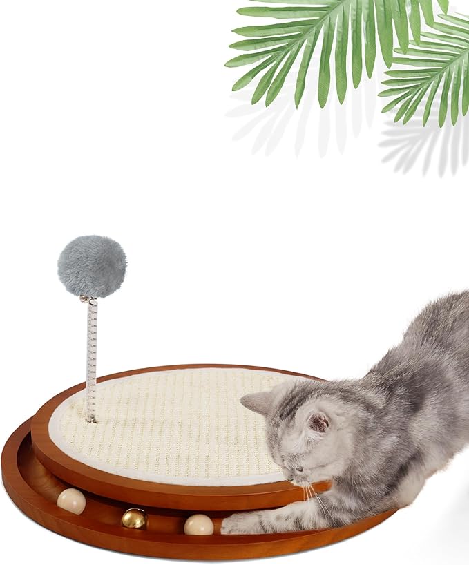 LMUGOOS Cat Scratcher, Cat Cratch Sisal Pad with Wooden Roller Ball Toy, Cat Scratchers Interactive Toys for Indoor Cats, Satisfies Kitten’s Scratching, Chasing and Hunting