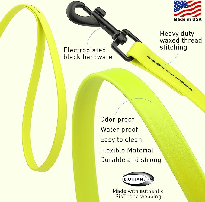 Dogline Biothane Waterproof Dog Leash Strong Coated Nylon Webbing with Black Hardware Odor-Proof Easy to Clean High Performance for Small or Large Dogs Made in USA 2 ft Lead, Safety Yellow