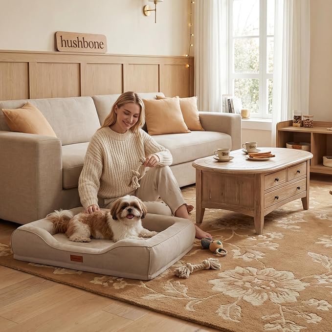 hush bone 28 Inch Orthopedic Dog Couch Bed for Medium Dogs Up to 30 lbs,Cooling Gel Memory Foam + Egg Crate Foam,Waterproof Removable Washable Cover,4-Sided Bolster,Non-Slip Bottom,Beige