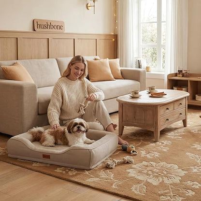 hush bone 28 Inch Orthopedic Dog Couch Bed for Medium Dogs Up to 30 lbs,Cooling Gel Memory Foam + Egg Crate Foam,Waterproof Removable Washable Cover,4-Sided Bolster,Non-Slip Bottom,Beige