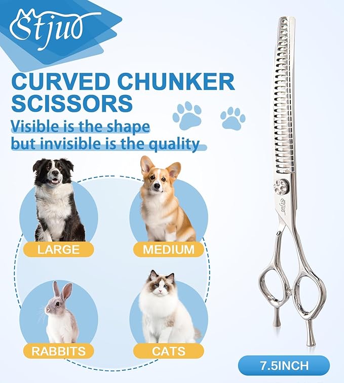 Stjuo Professional Dog Grooming Scissors, Japanese 440C Stainless Steel, 62 HRC Hardness (Curved Chunker, 7.5'')