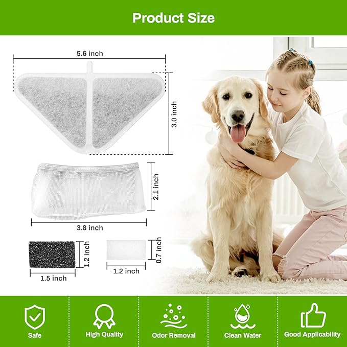 6 Pack Replacement Filters for 230oz Dog Water Fountain, Water Fountain Filter Replacement for 5 Layers Filtration System 7L Pet Fountain, 6 Filters+ 8 Sponges+6 Mesh Bags for 1.8GAL Dog Water Bowl