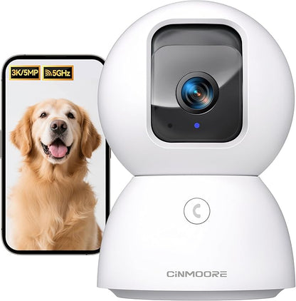 CINMOORE 5G Security Camera Indoor, 3K Pet/Dog Camera with Speaker/Phone App, PTZ WiFi Baby Monitor Cameras for Home Security, 0-Glow Night Vision 2-Way Talk, AI Tracking Facial Recognition Time Lapse