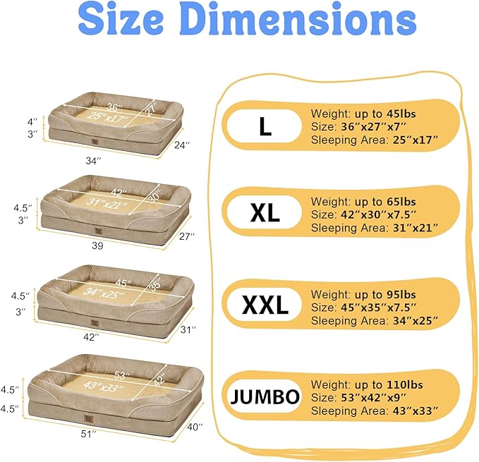 Washable Orthopedic Large Dog Bed - XL Memory Foam Pet Couch Sofa with Removable Cover Waterproof Bolster for Large Size Dogs