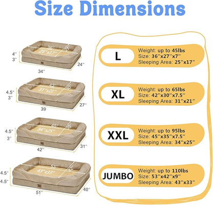 Washable Orthopedic Large Dog Bed - XL Memory Foam Pet Couch Sofa with Removable Cover Waterproof Bolster for Large Size Dogs